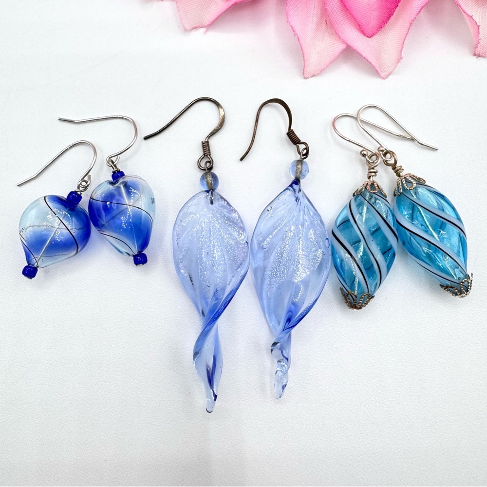 Hand Blown Handmade Blue Artisan Art Glass Earring Lot Of 3 Pair Puffy Heart